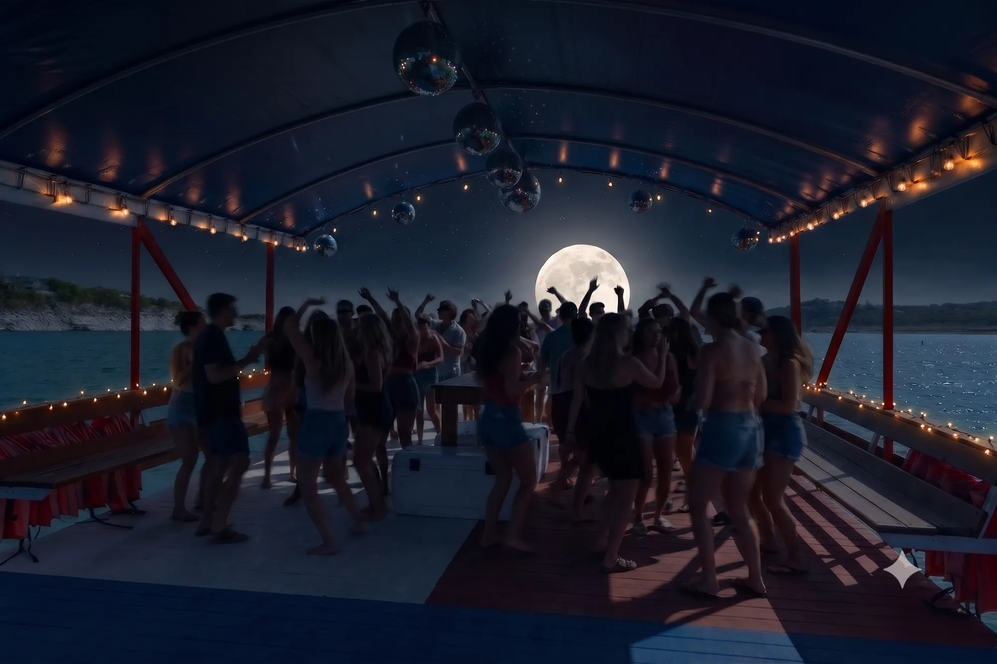 A crowd dancing on a party boat deck as a full moon rises over Lake Travis