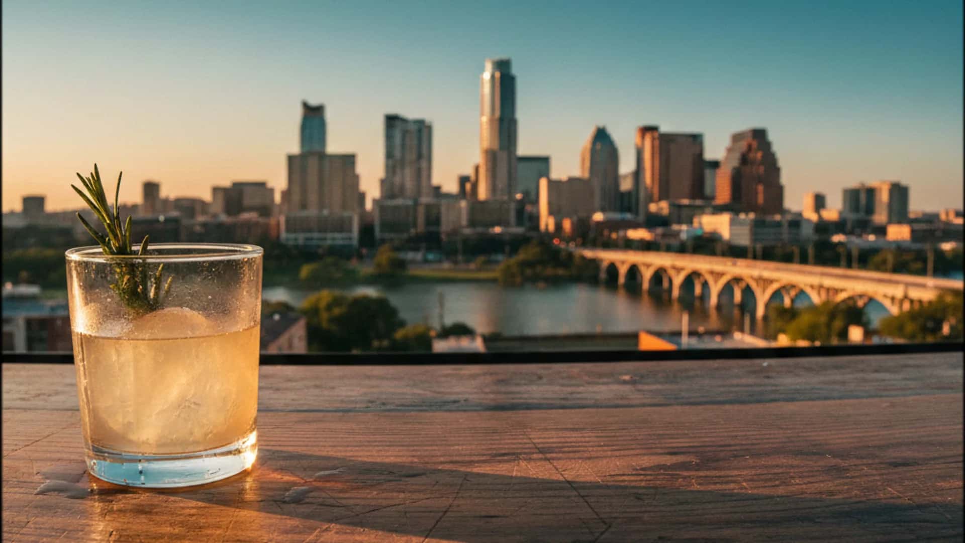 Cocktail with Austin skyline at golden hour