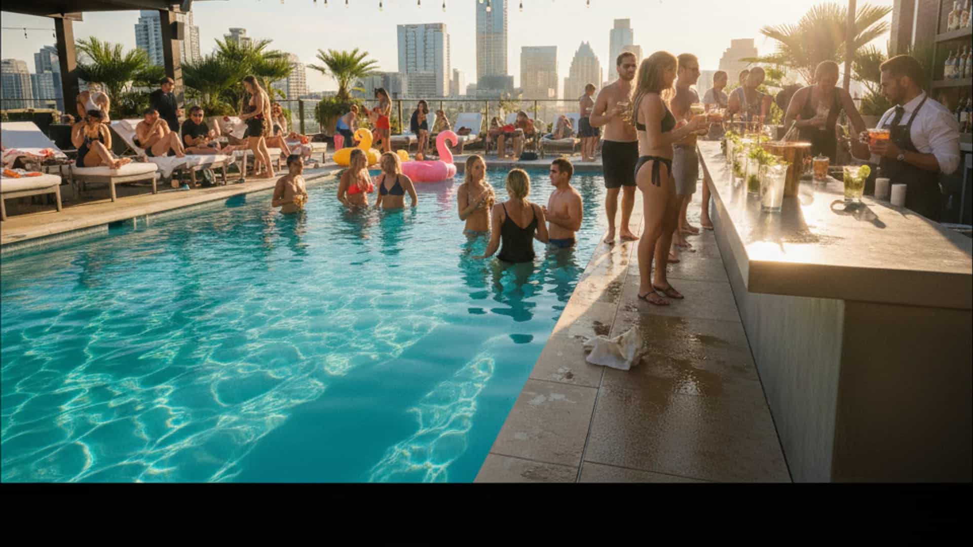 Rooftop pool party with Austin skyline