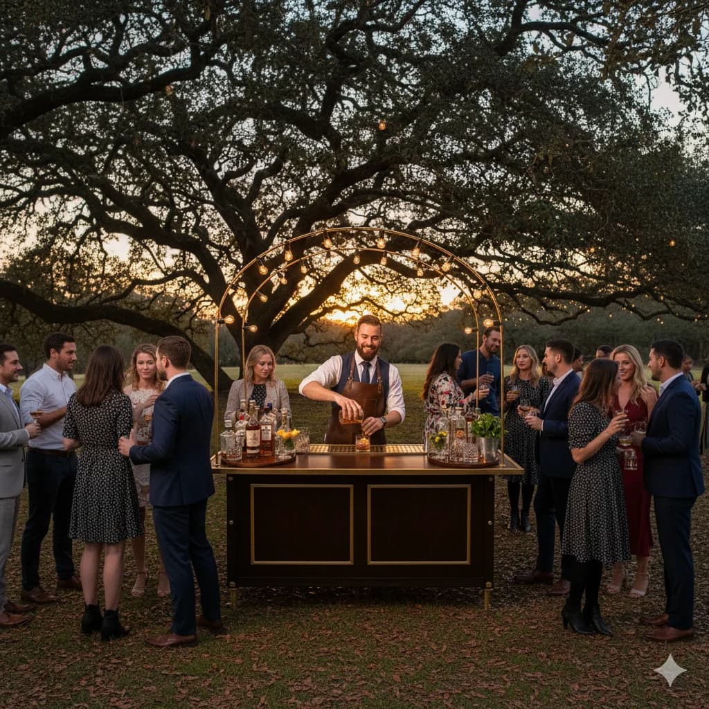 Professional mobile bartender serving cocktails at elegant outdoor Austin event under string lights